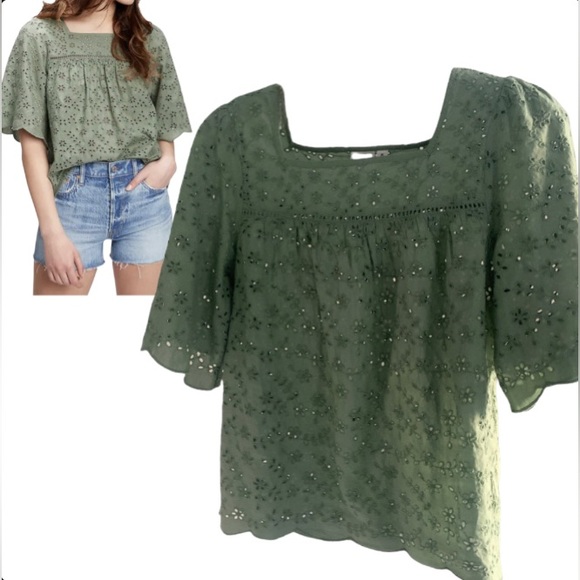 GAP Tops - GAP Sage Green Square-Neck Eyelet Top